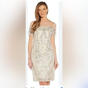 Adrianna Papell Women's Sequin Embroidery Sheath Party Dress Gold Nude Mesh 16